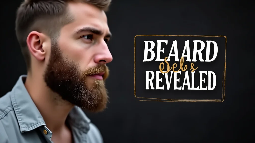 The image shows a beard growth kit with bottles and a comb, hinting at secrets revealed.