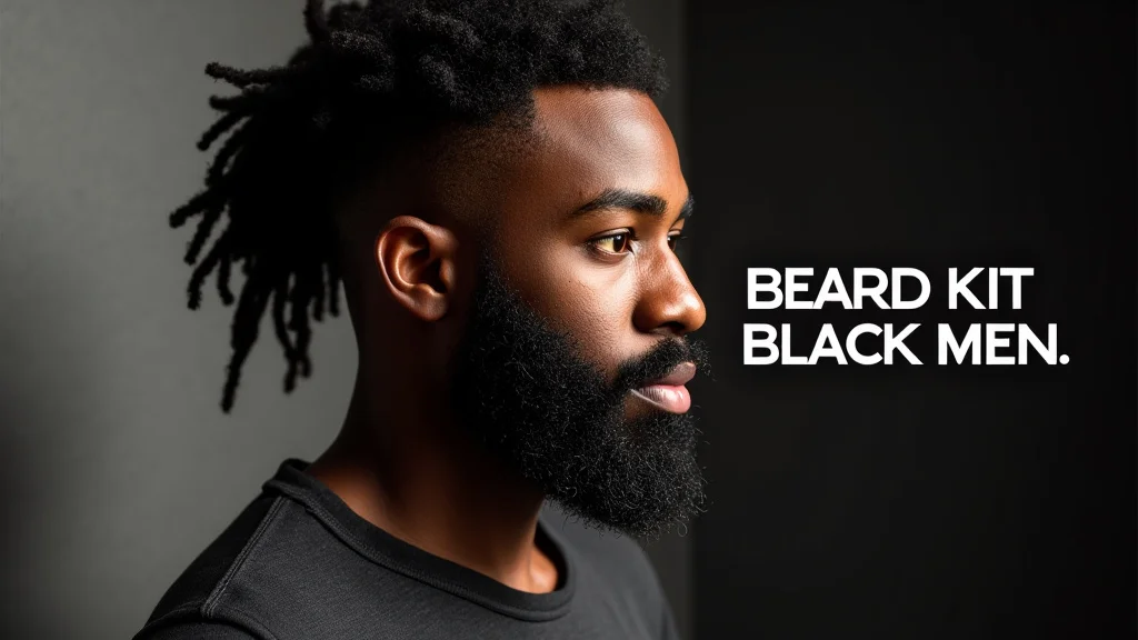 The image shows a Black man with a well-groomed beard holding a beard grooming kit.